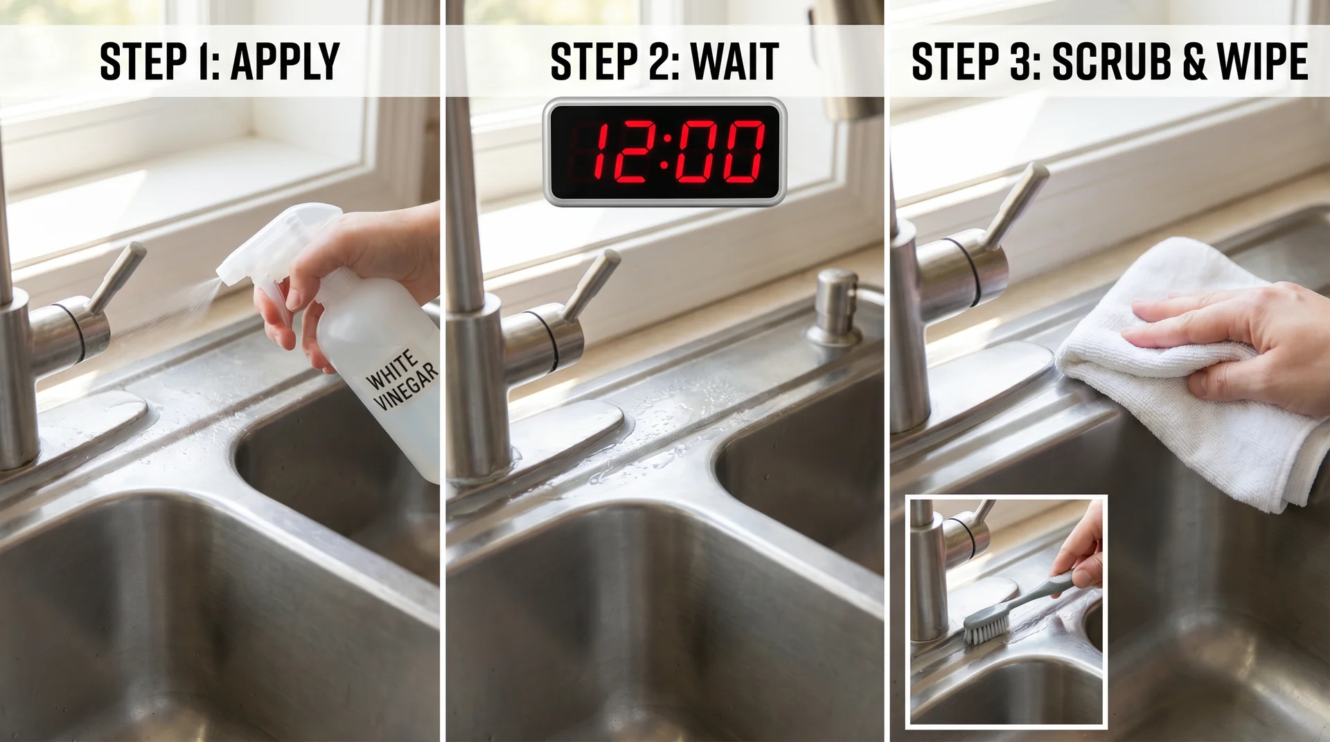 Four-step cleaning sequence for stainless steel mold removal showing spray, wait, scrub, and dry steps
