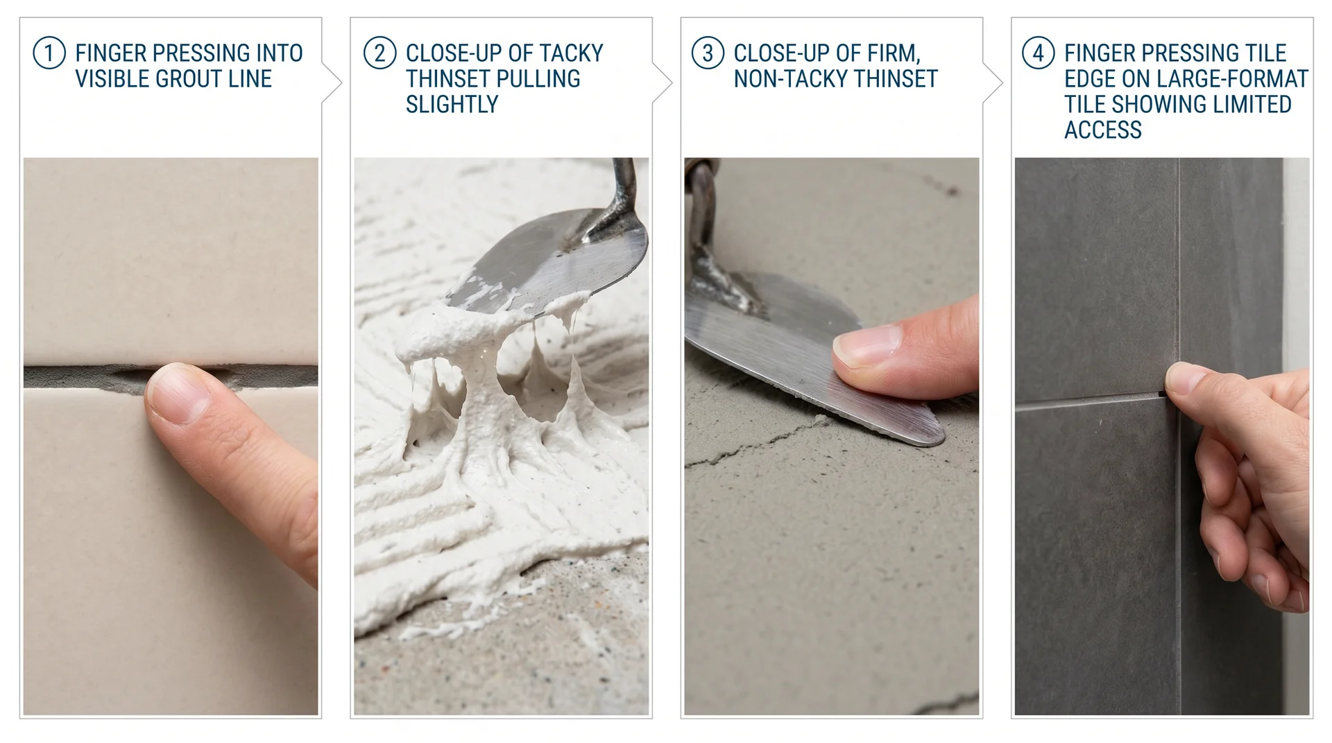 Four-step diagram showing how to perform the thumb press readiness test before grouting
