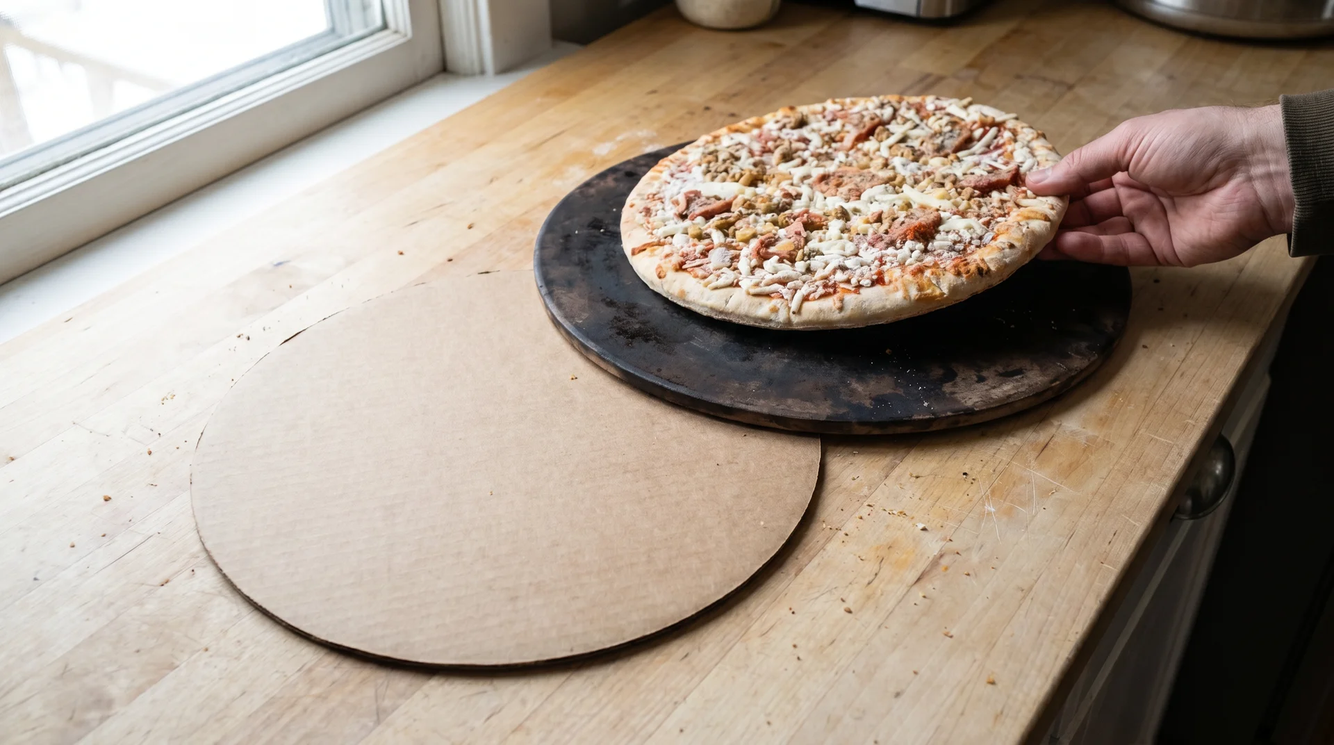 Frozen pizza being slid from cardboard disc onto a pizza stone before baking