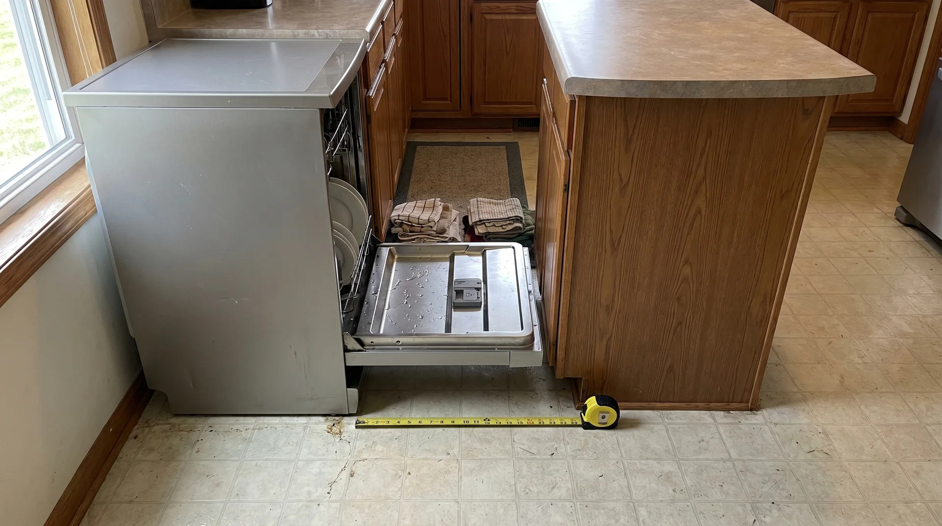 Fully open dishwasher door projecting into kitchen island clearance zone, showing tight passage 