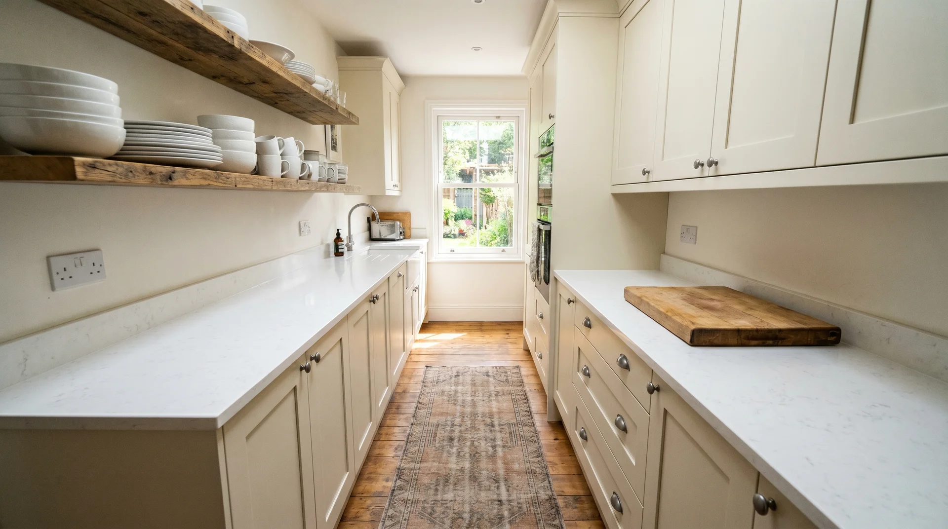 Galley kitchen viewed from one end with two parallel counter runs and a clear central aisle in a real home