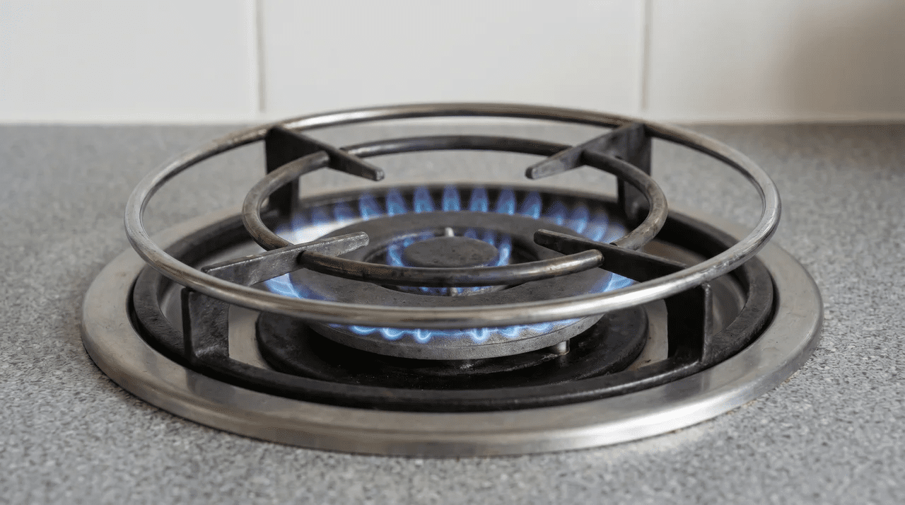 Single gas burner ring with metal grate and small blue flame, close-up on a kitchen surface 