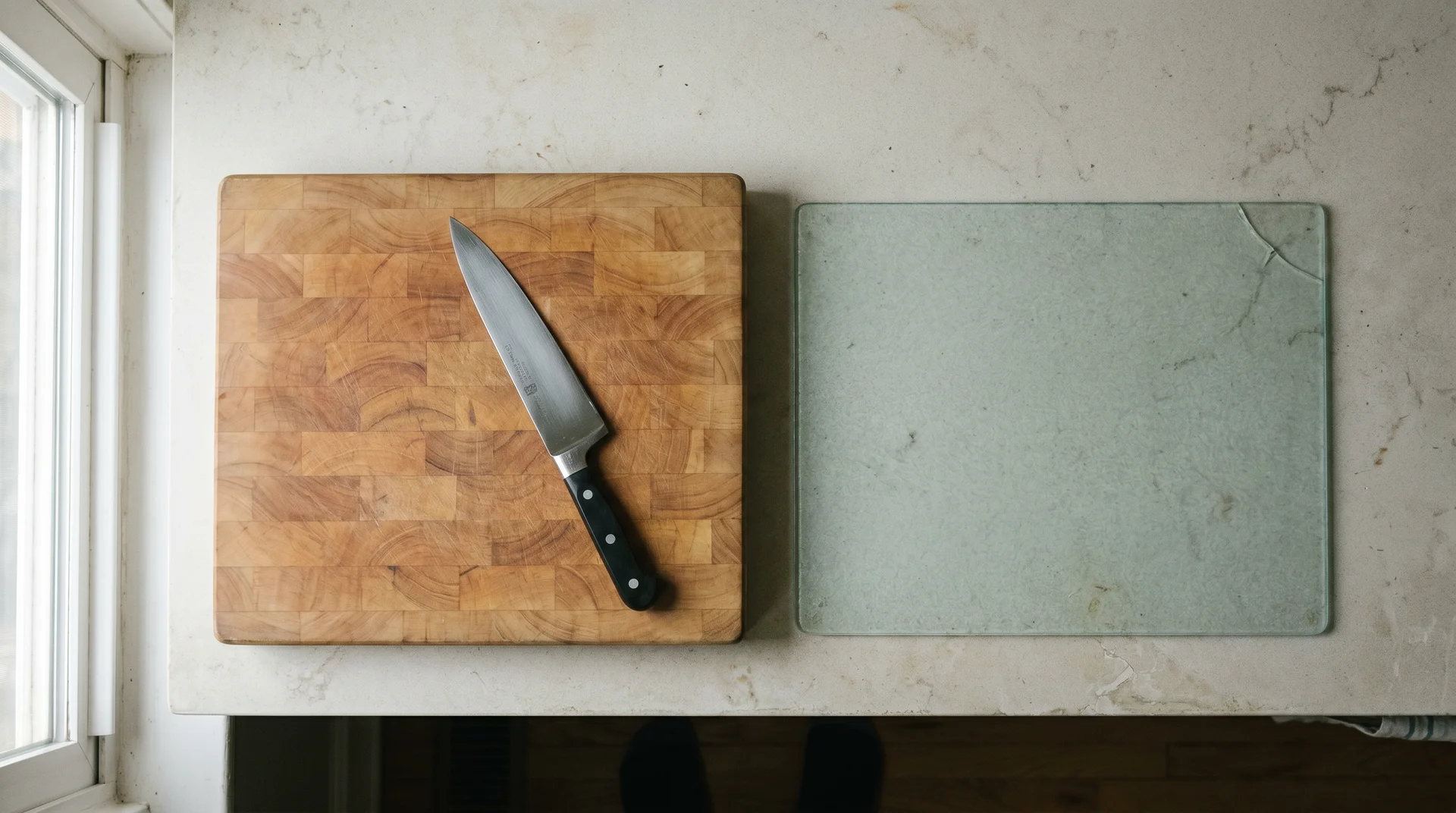 Glass and wood cutting boards side by side on a kitchen counter, chef's knife resting on the wood board