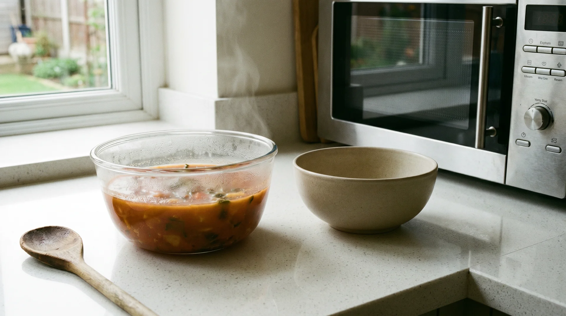 Glass bowl with reheated food next to empty ceramic bowl showing microwave-safe alternative for uncertain ceramic