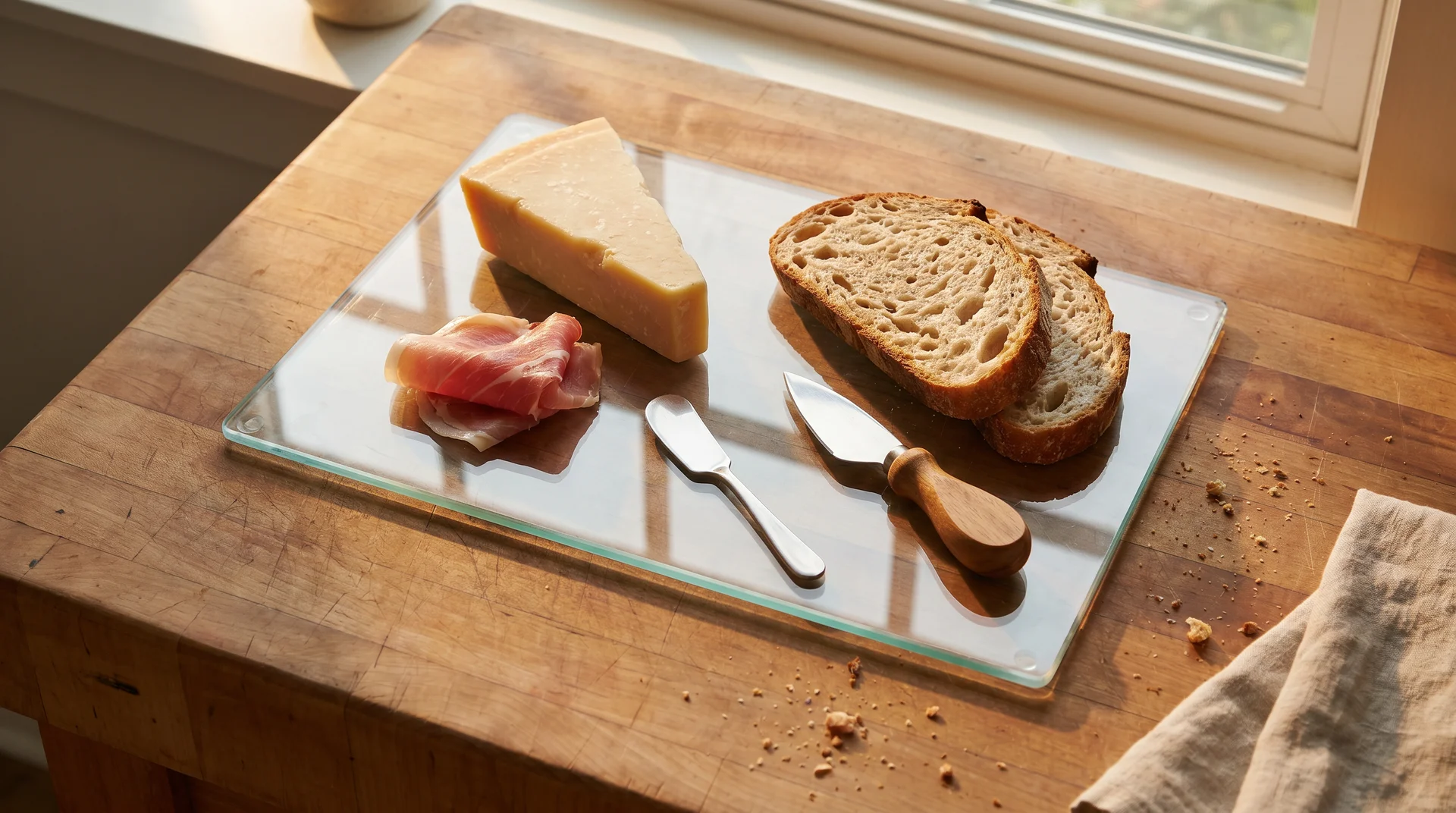 Glass cutting board used as a cheese and charcuterie serving board with spreader and cheese knife 