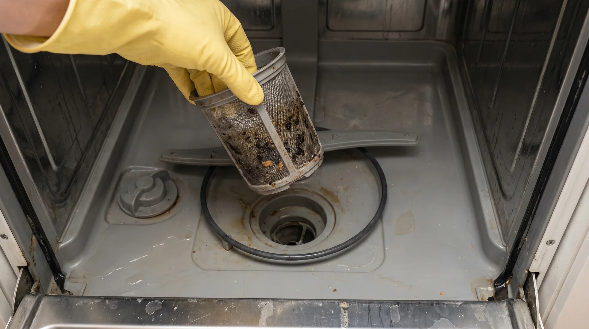 Gloved hand removing cylindrical dishwasher filter from tub floor, filter showing food debris buildup