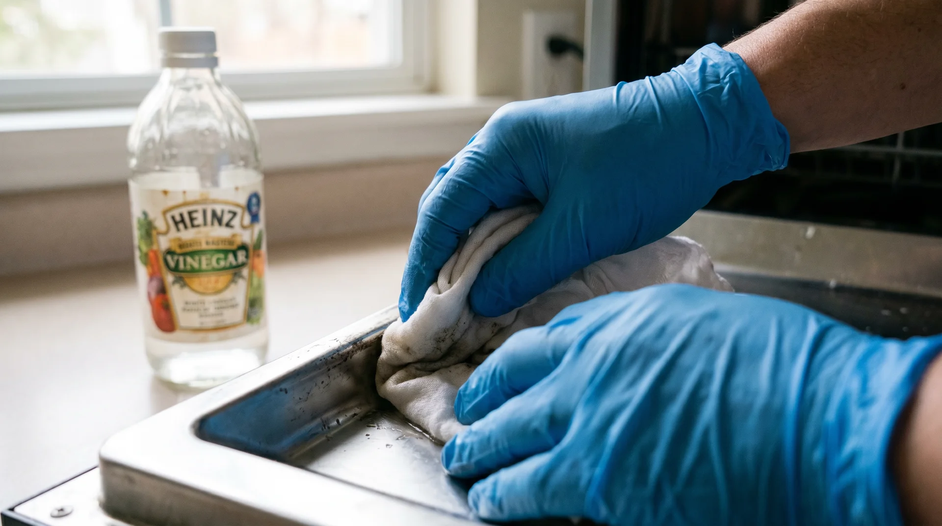 Gloved hands applying vinegar directly to dishwasher door seal folds during mold cleaning