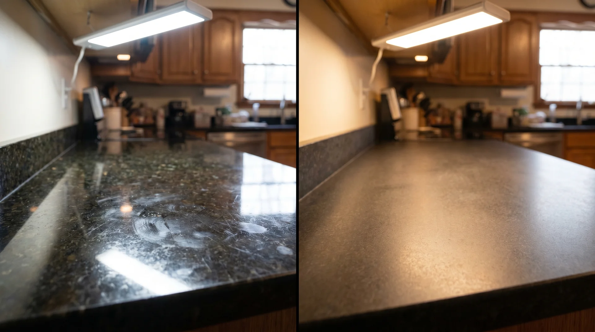 Granite countertop before and after professional honing showing polished versus matte finish
