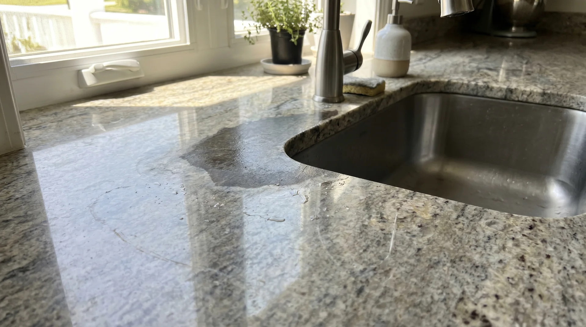 Granite countertop showing water absorption from worn sealer