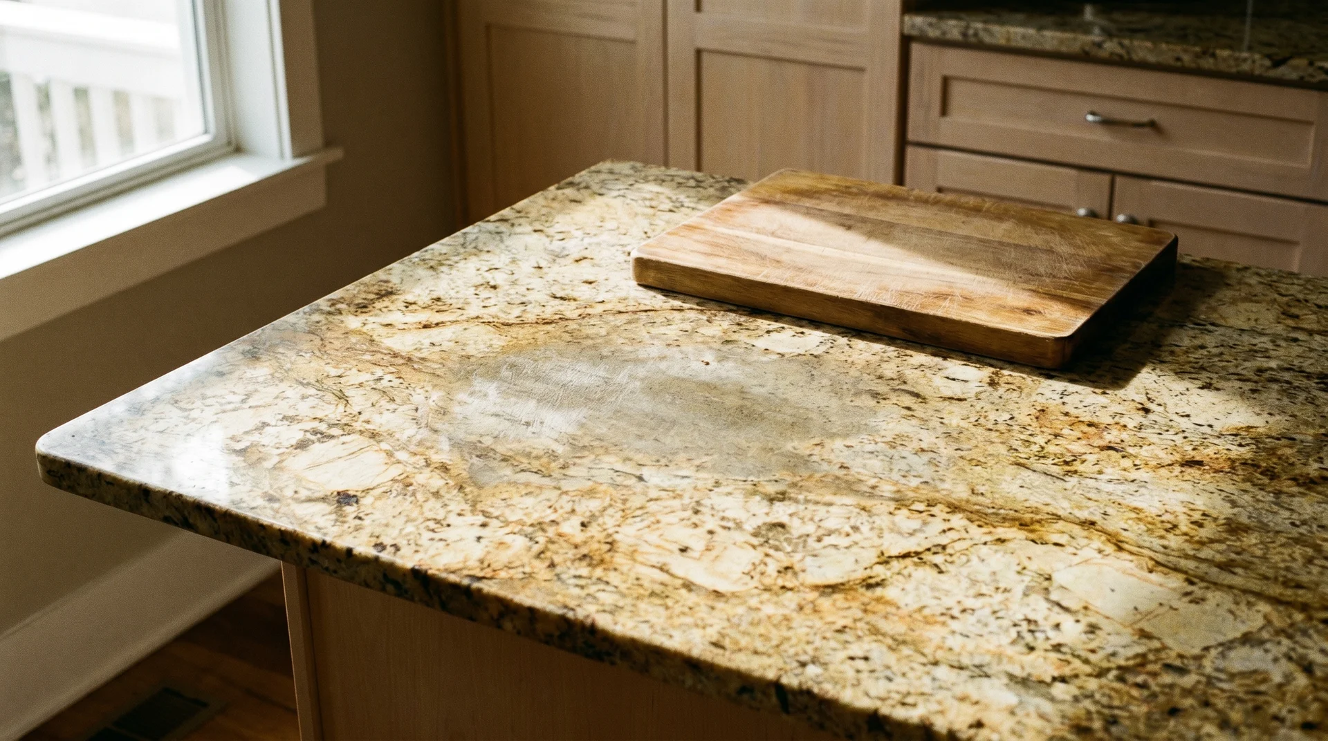 Granite kitchen countertop in natural light showing real surface texture and wear