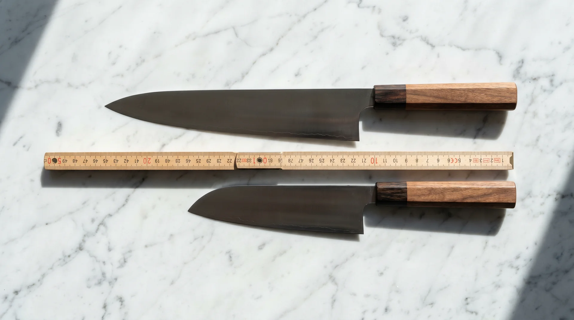 Gyuto and santoku blade length comparison photographed from above showing size difference