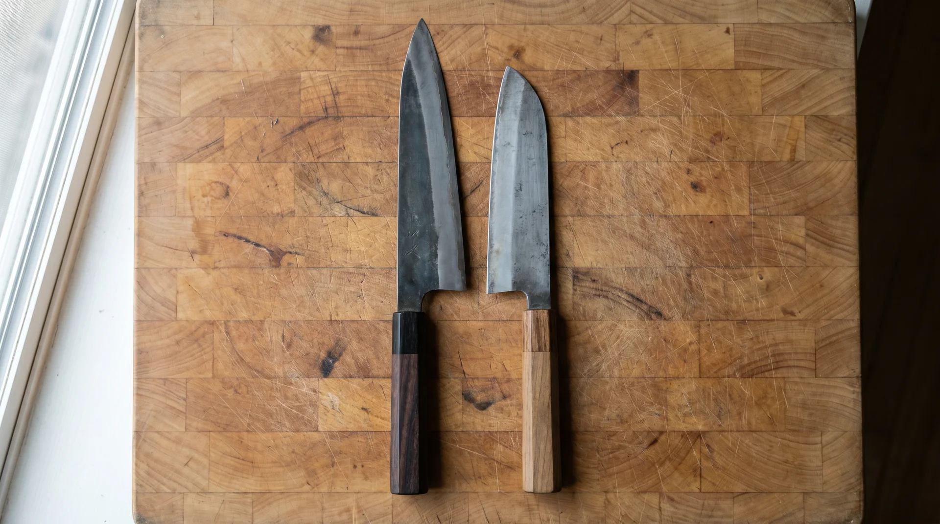 Gyuto and santoku knives side by side on a maple cutting board showing tip and blade profile differences