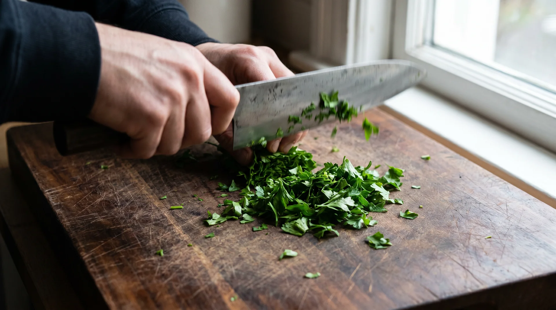 Gyuto knife in rocking motion mincing parsley showing curved belly in use