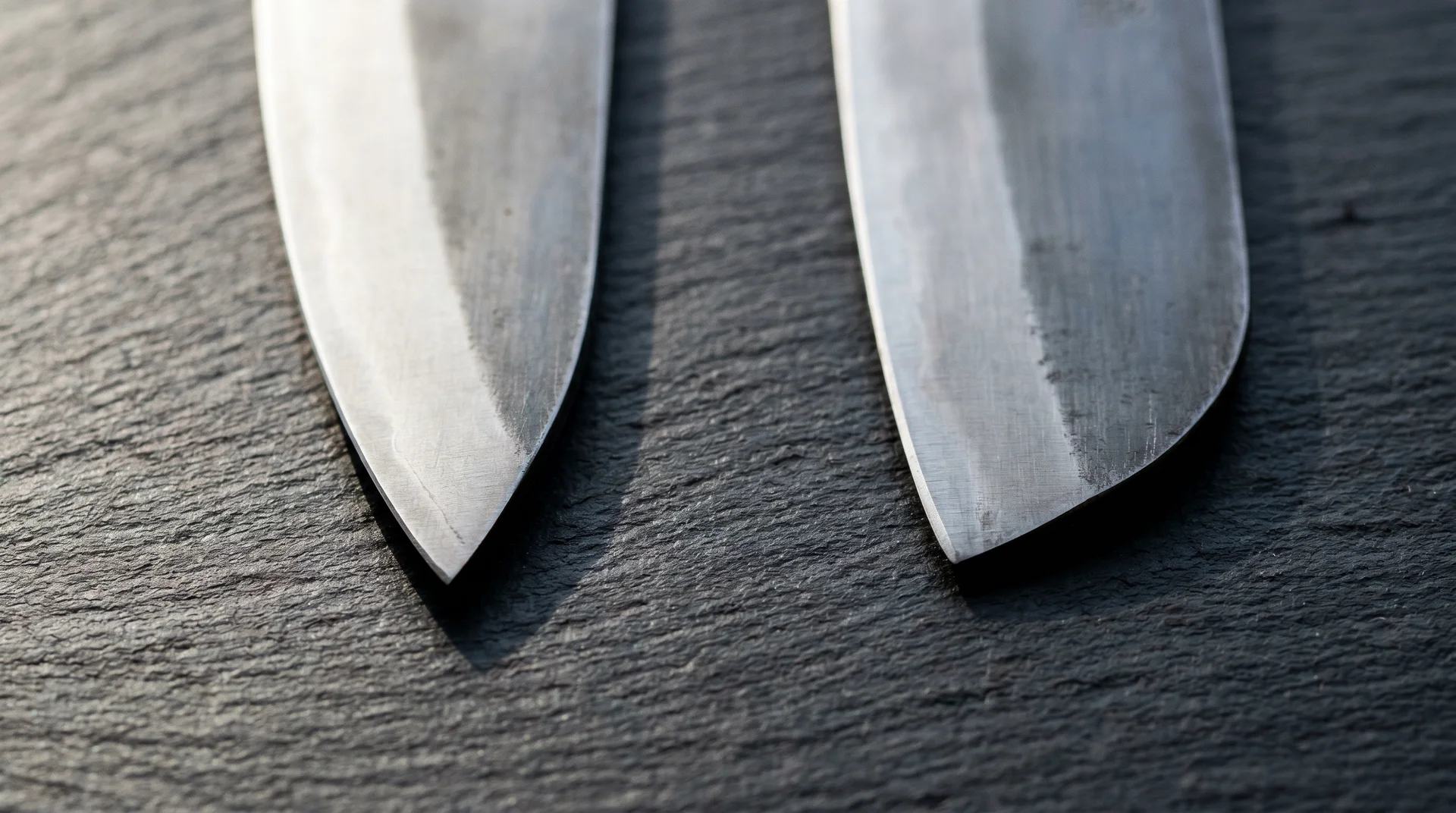 Gyuto pointed tip beside santoku sheepsfoot tip showing the key profile difference between both knives