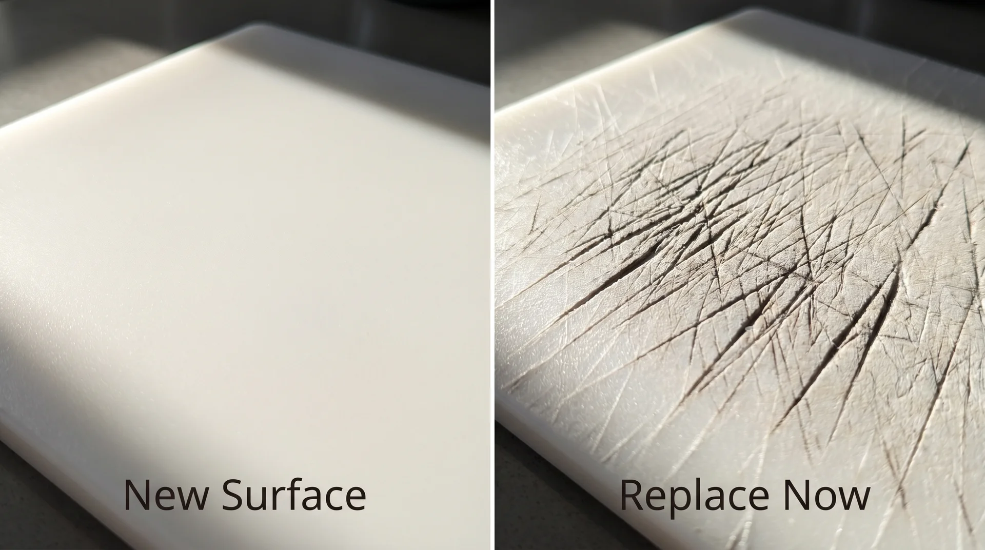 HDPE plastic cutting board surface before and after heavy knife scoring — when to replace