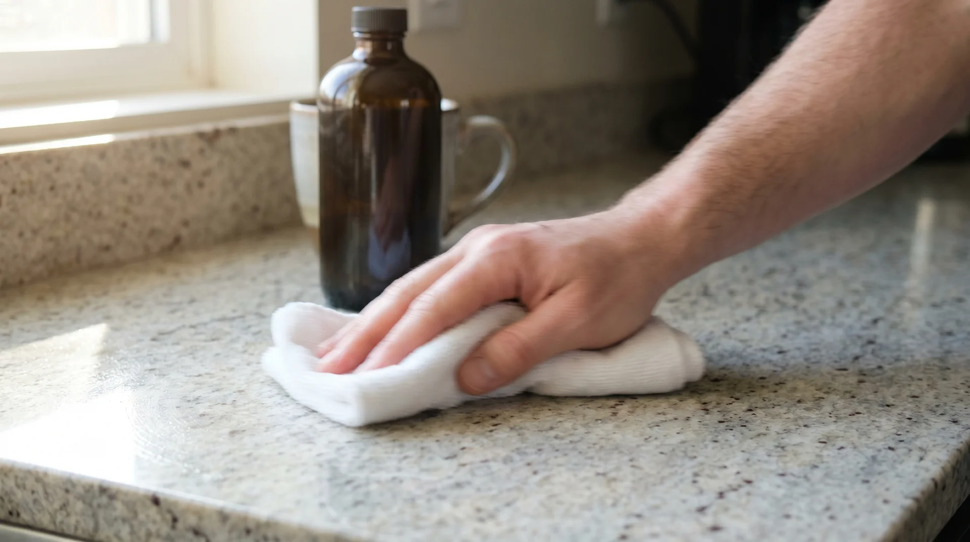 Hand applying penetrating granite sealer with soft cloth in circular sections