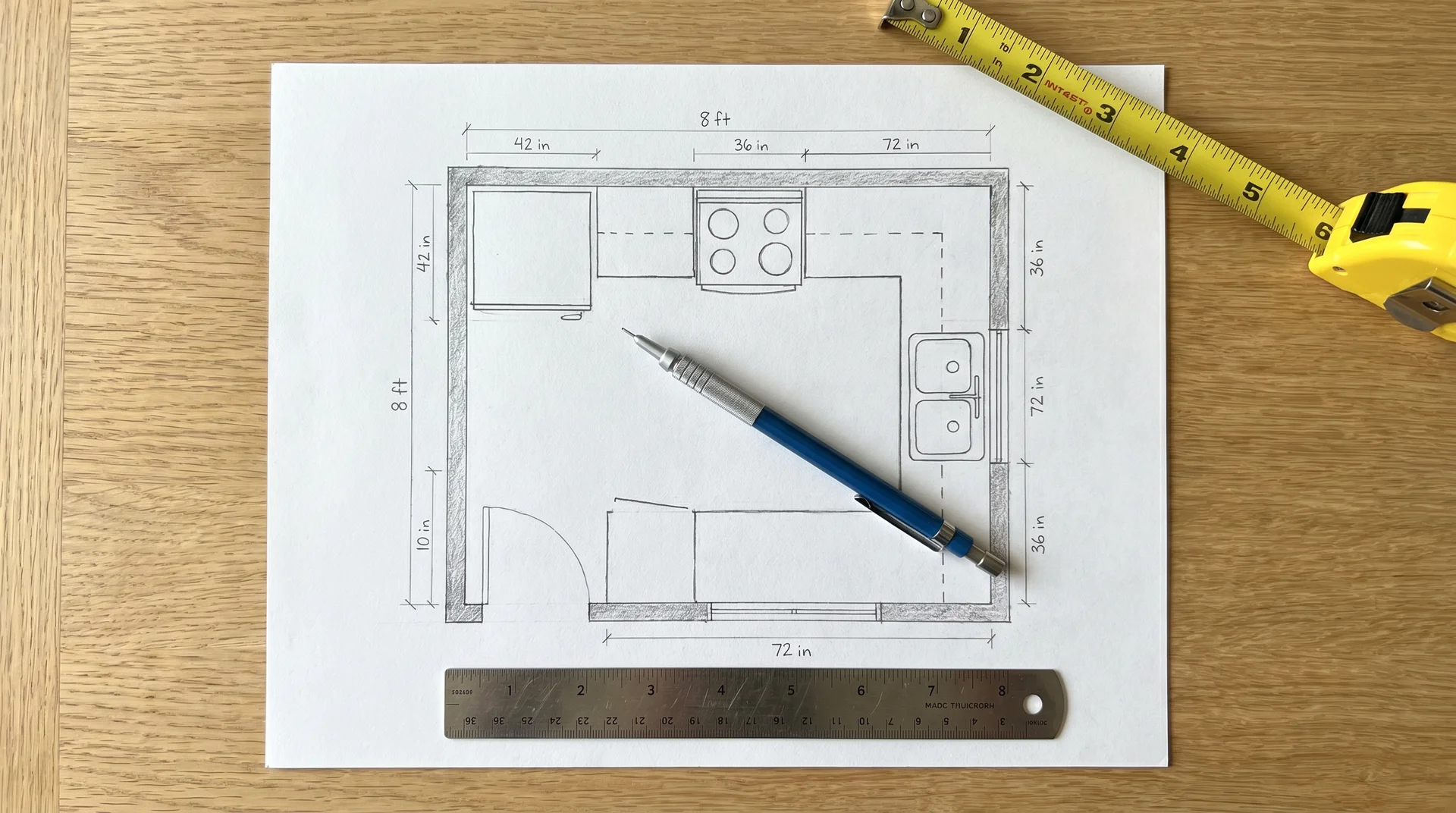 Hand-drawn small kitchen floor plan with room dimensions labeled in pencil, viewed from above on a light wood surface