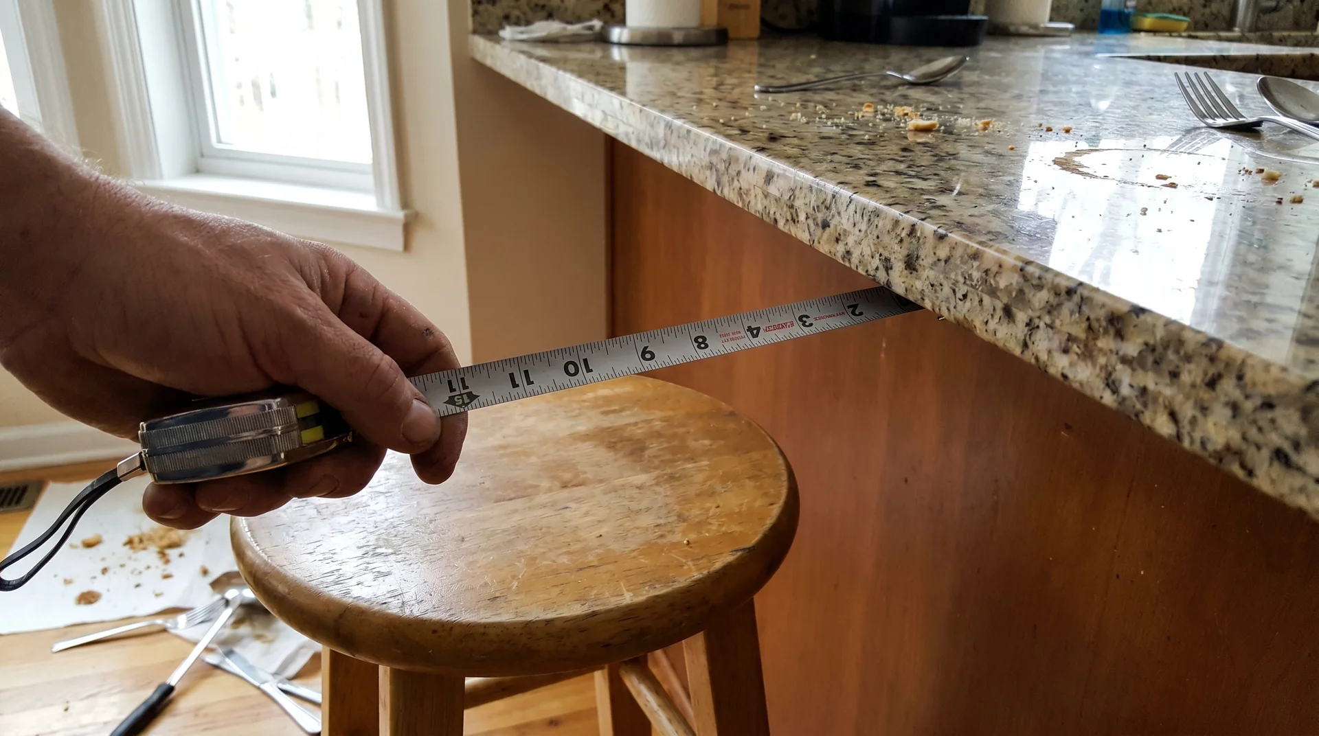 Hand measuring seat-to-underside gap between stool and kitchen island countertop overhang
