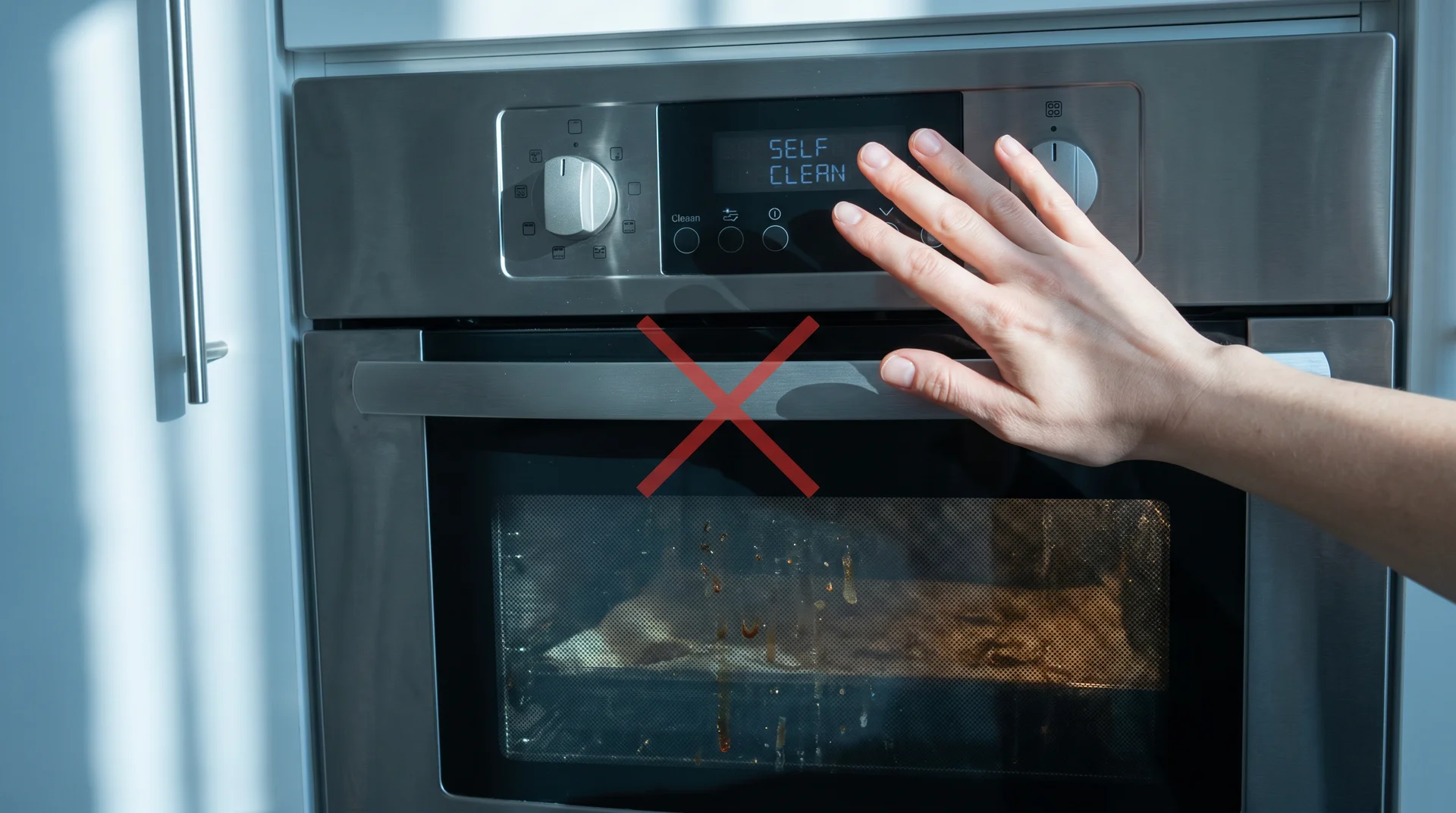 Hand pausing before pressing self-clean button on oven with visible interior staining, not pressing it