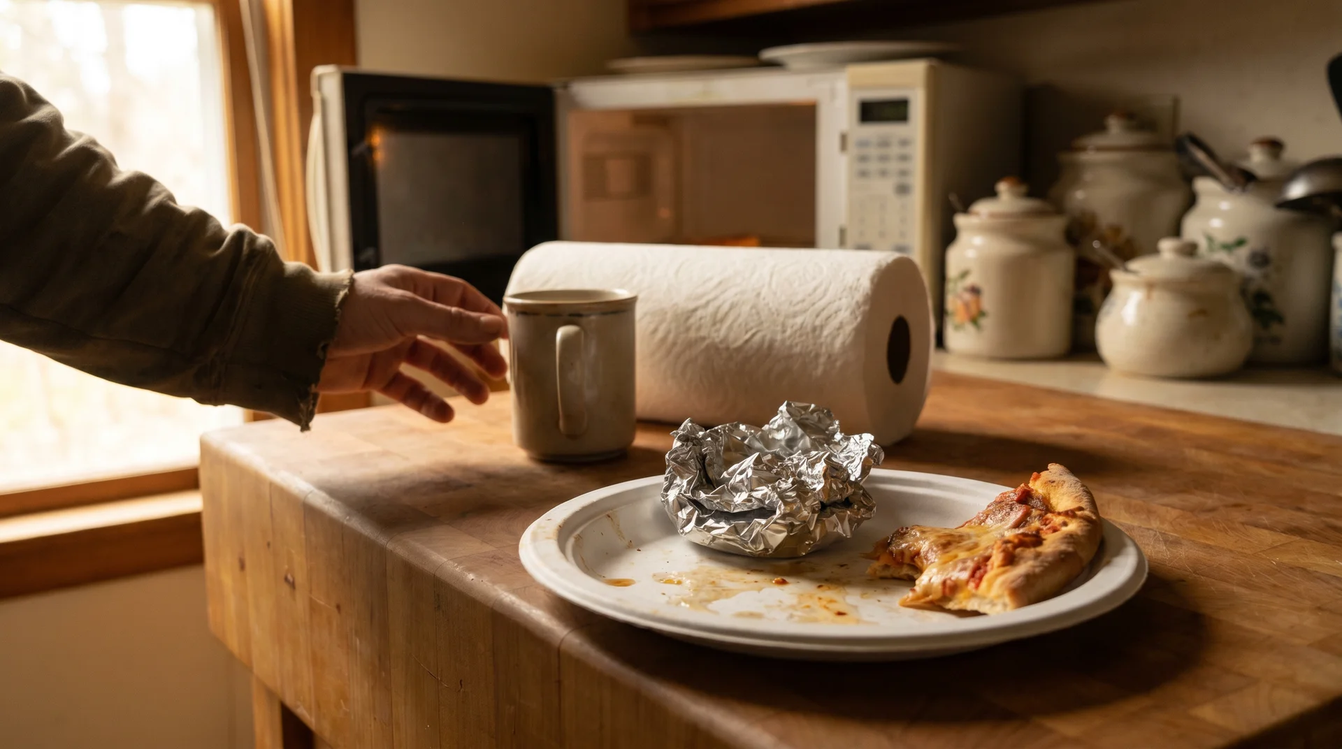 Hand reaching for paper towel near open microwave in a real kitchen with food on a white paper plate
