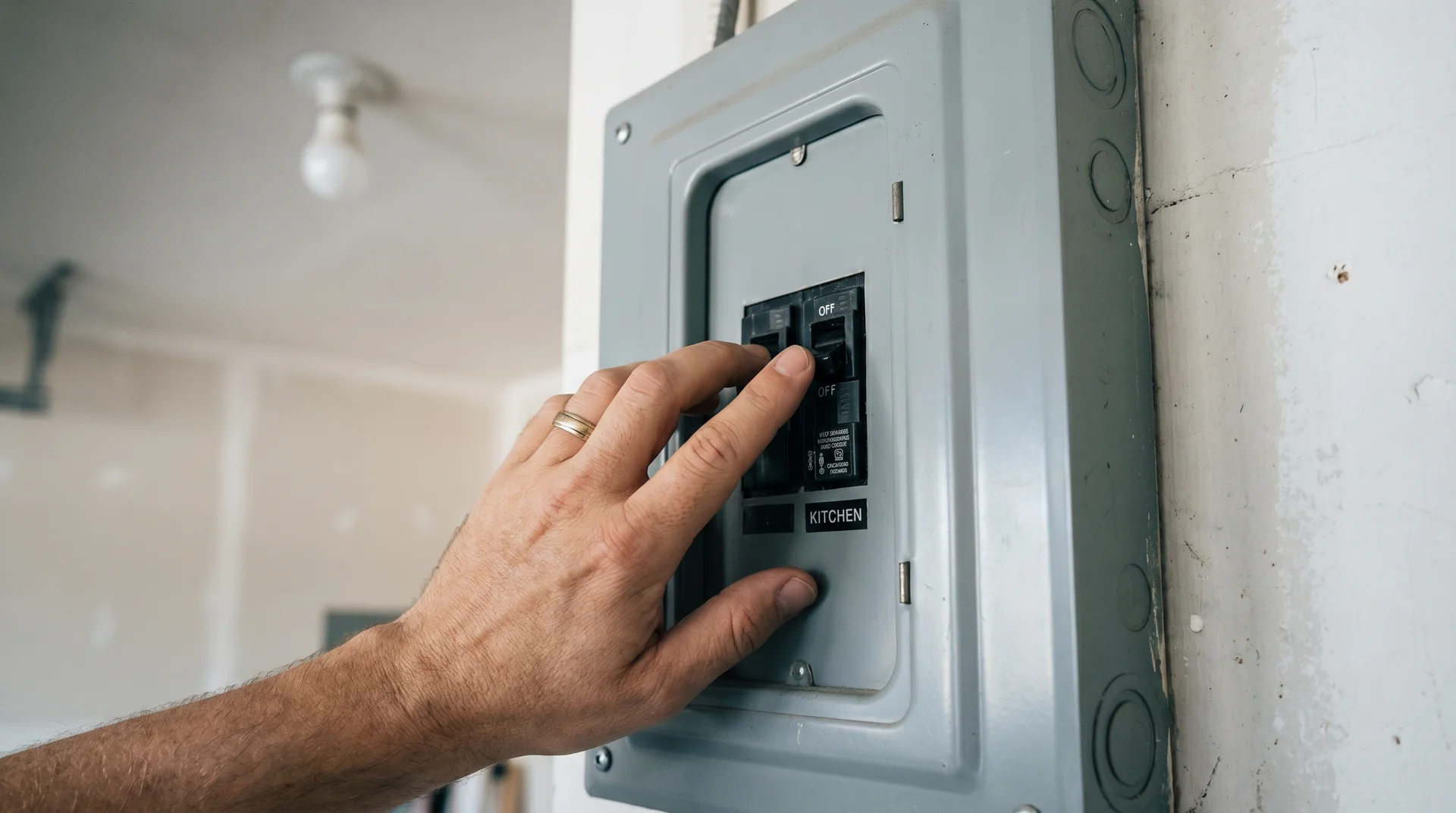 Hand switching off circuit breaker to cut power to dishwasher