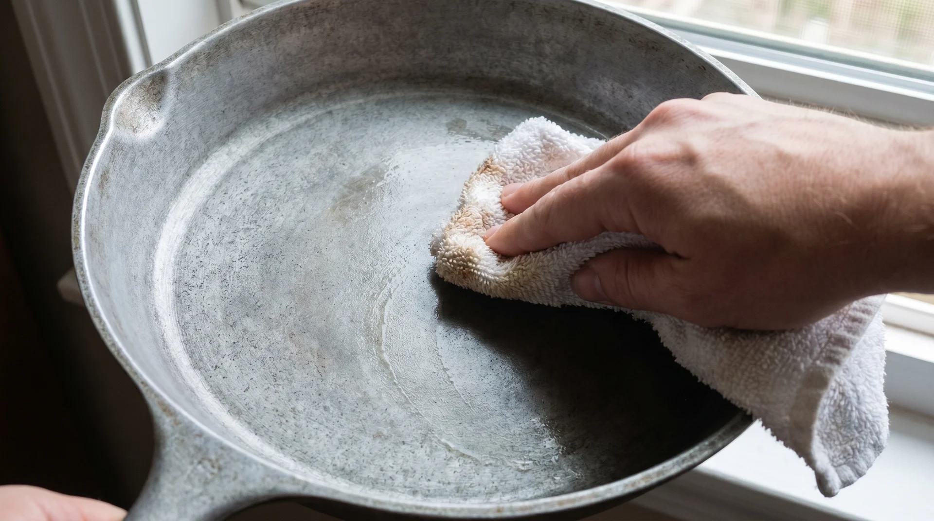 Hand wiping damp cloth across vintage cast aluminum pan interior to check for metallic residue
