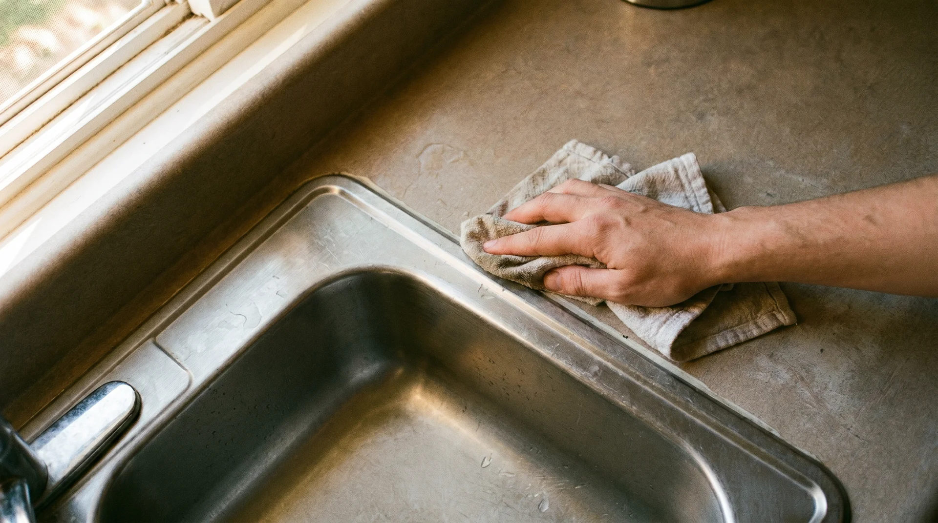 Hand wiping the caulk seam between a stainless steel sink and countertop dry to prevent mold growth