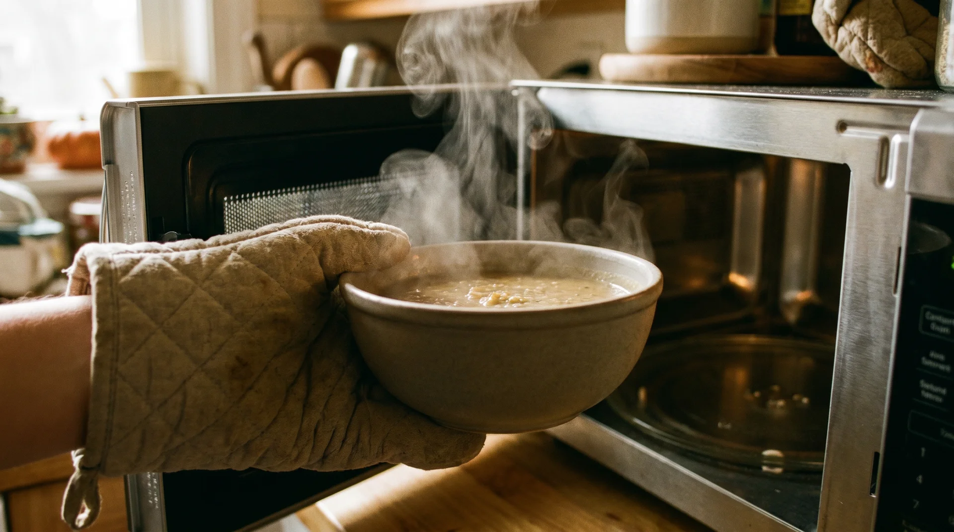 Hand with oven mitt removing hot stoneware bowl from microwave showing heat absorbed by the ceramic
