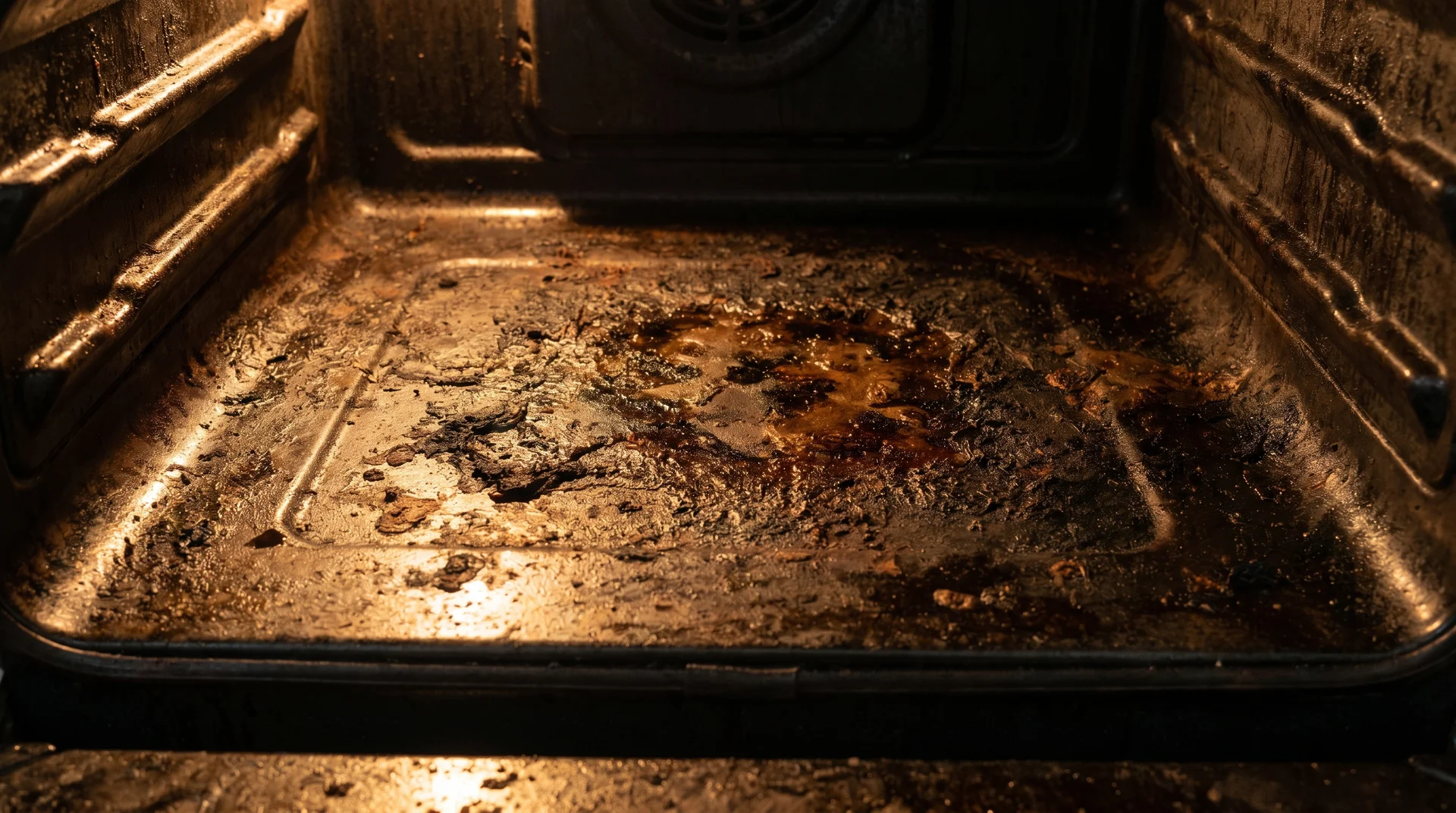 Heavy baked-on grease buildup on oven floor before self-cleaning cycle