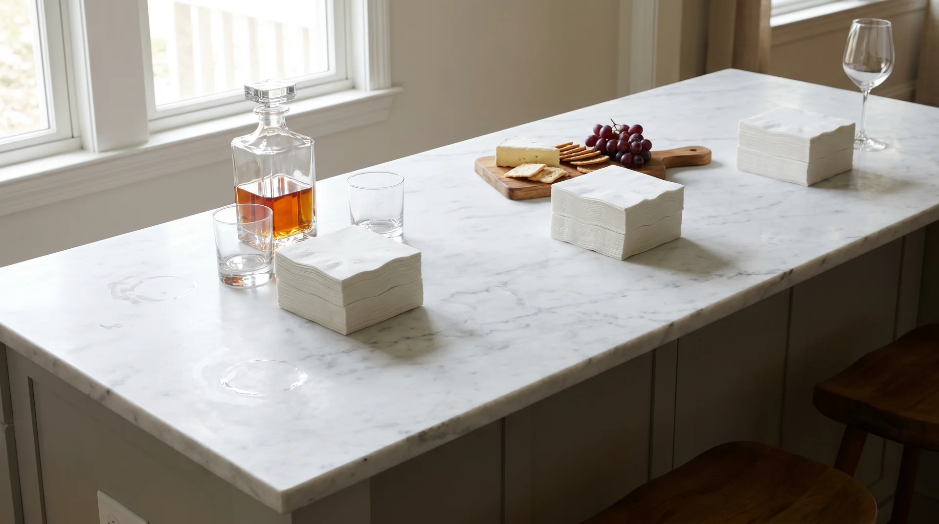 Home counter set up as a cocktail station with three separate stacks of cocktail napkins positioned at different points

