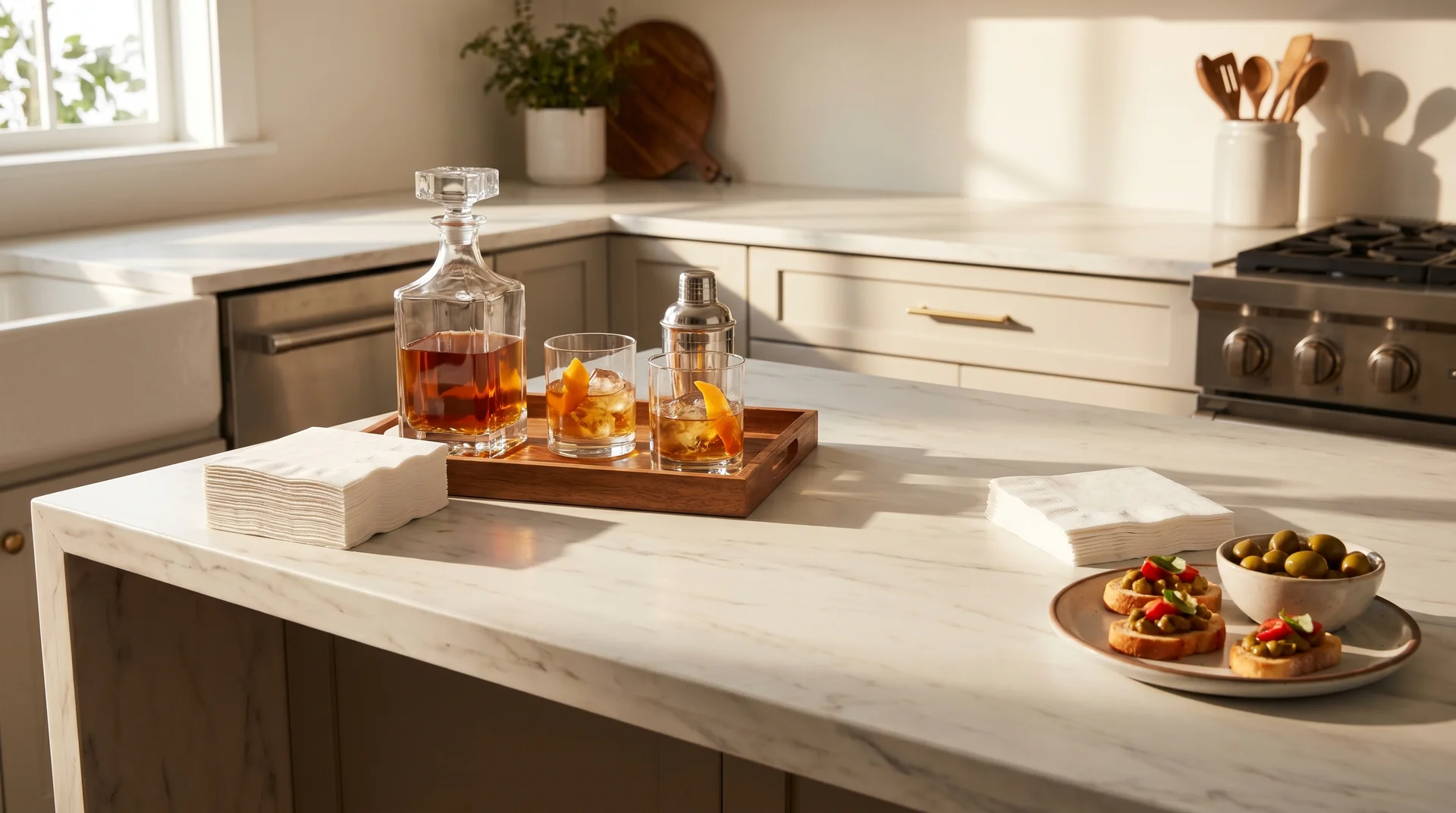 Home kitchen counter with cocktail napkin stacks placed separately at the bar end and the food end.