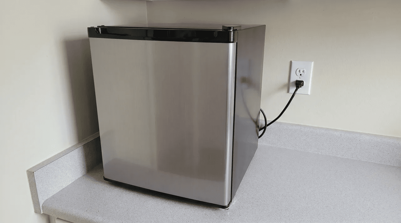 Compact mini fridge with closed door, plugged into a wall outlet on a countertop