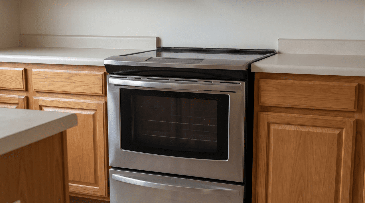 Freestanding electric range oven between kitchen countertops