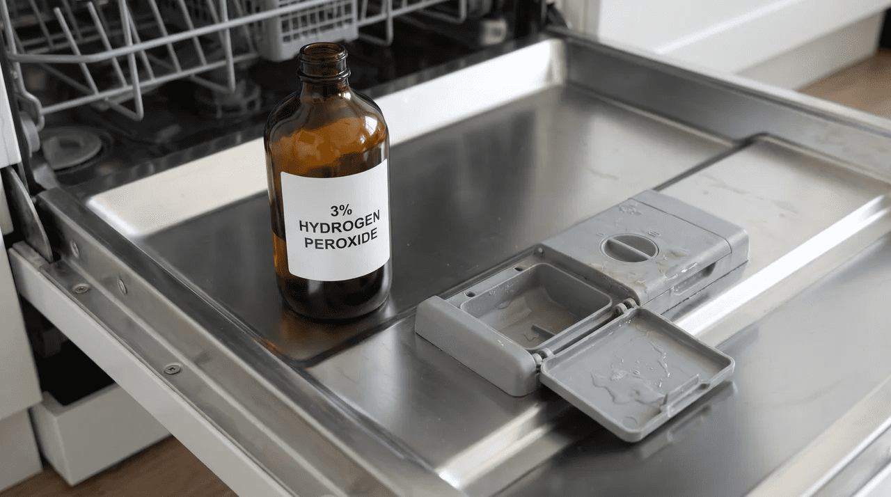 Brown hydrogen peroxide bottle next to an open dishwasher rinse aid dispenser compartment on a door panel