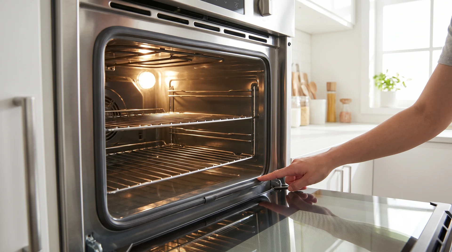 Inside of clean oven with hand checking the door gasket condition during routine maintenance inspection