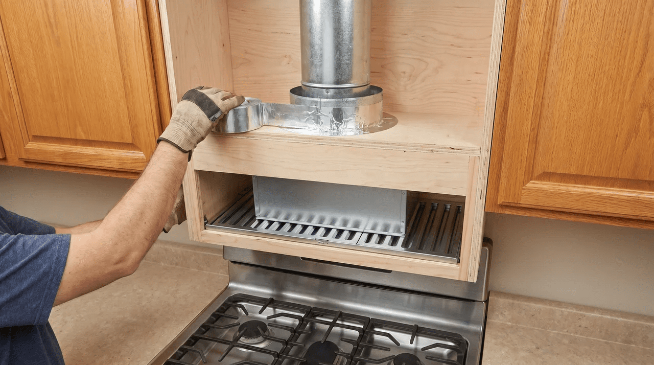 Hands sealing foil tape around exhaust collar on raw plywood enclosure; insert seated at bottom