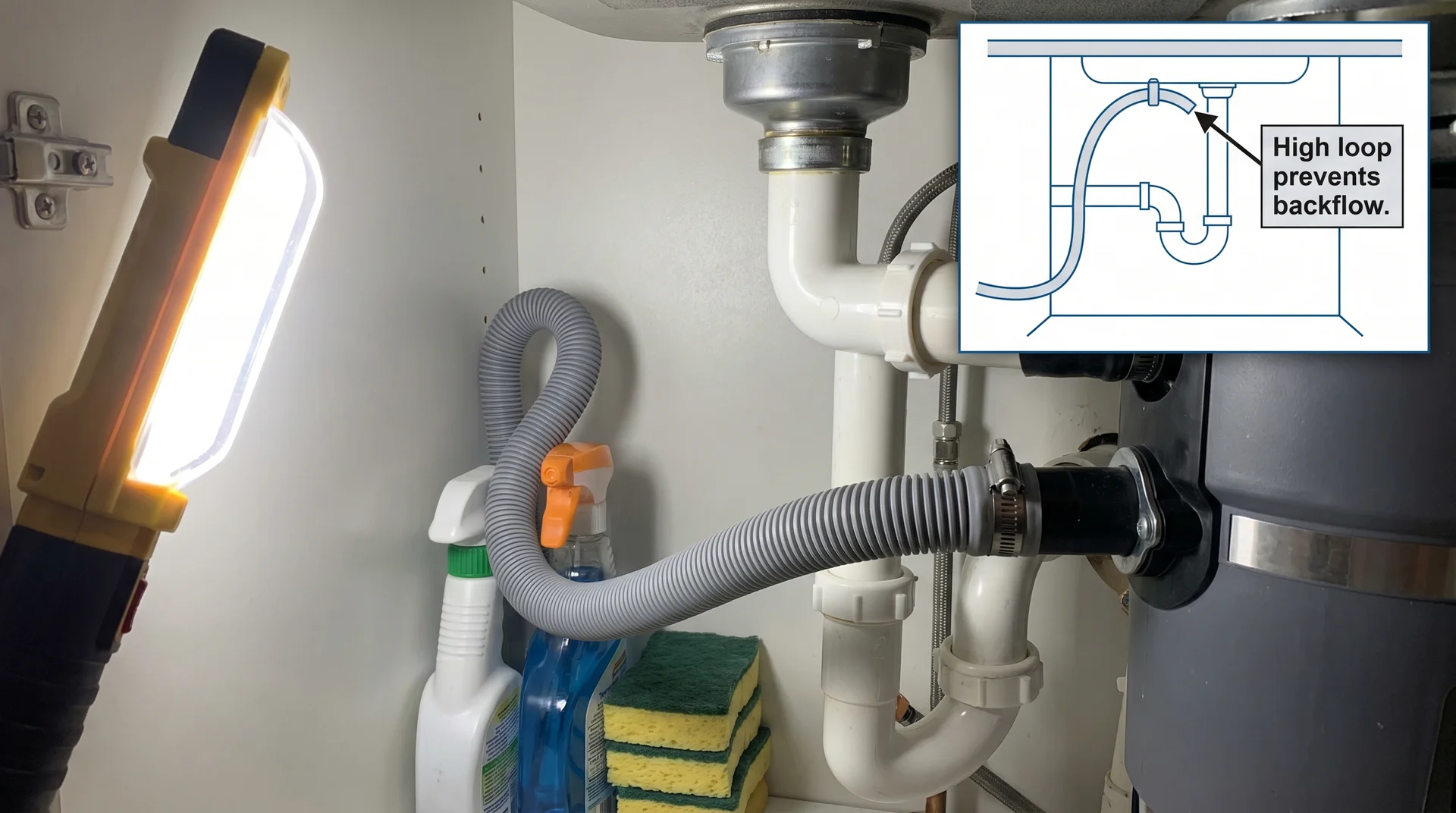 Kinked dishwasher drain hose under sink with high loop installation diagram inset
