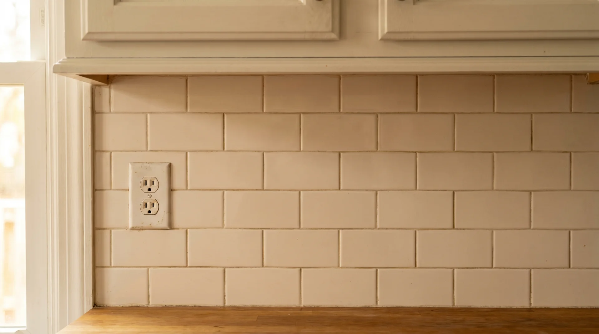 Kitchen backsplash tile field between countertop and upper cabinet, showing outlet placement and full tile courses
