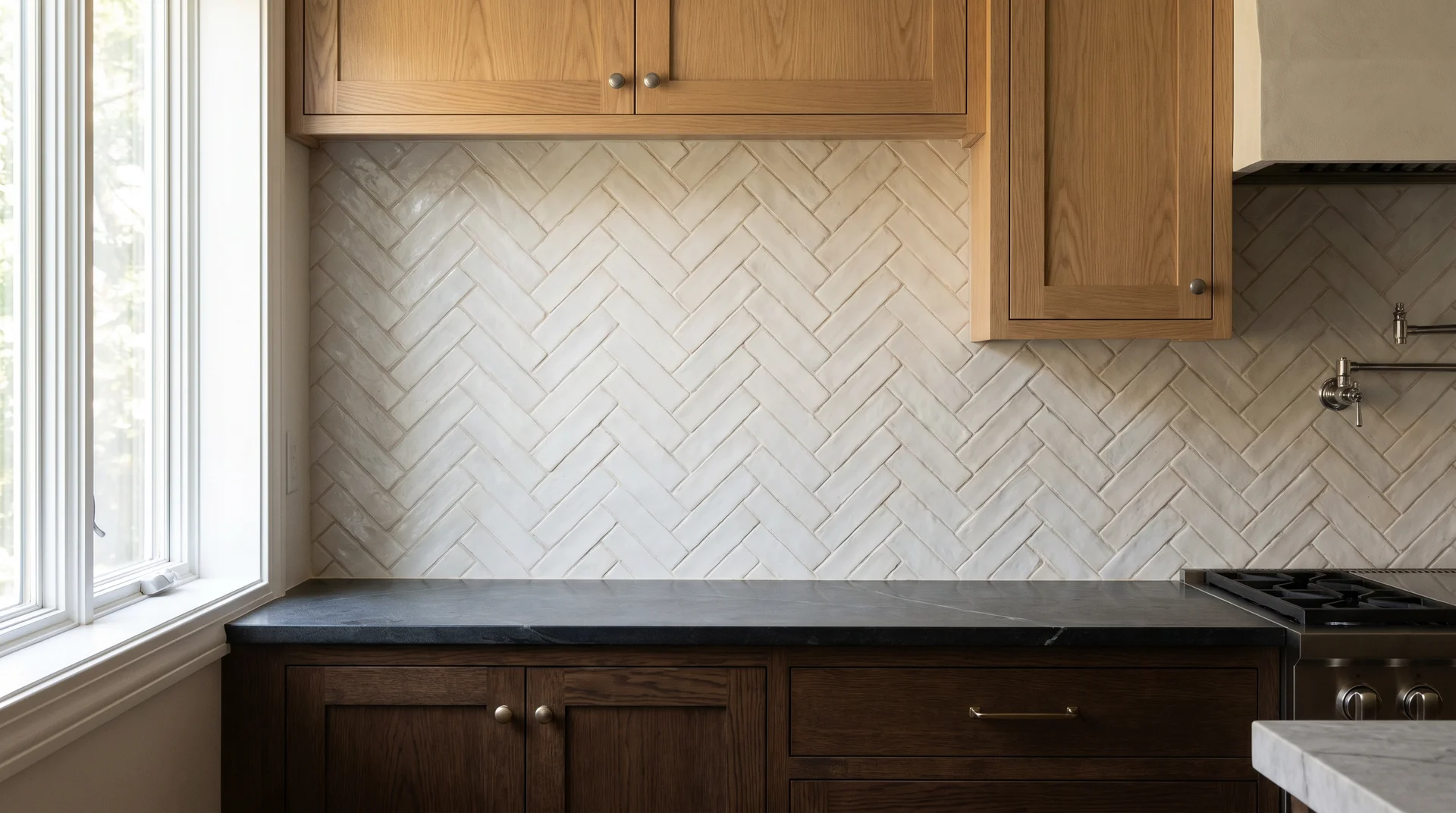 Kitchen backsplash zone between countertop and upper cabinets, natural light
