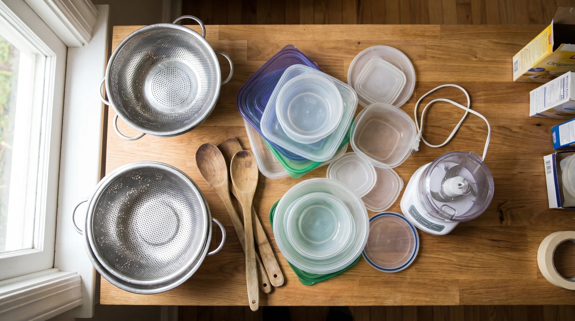 Kitchen cabinet contents emptied onto counter during declutter showing duplicate tools and unmatched lids
