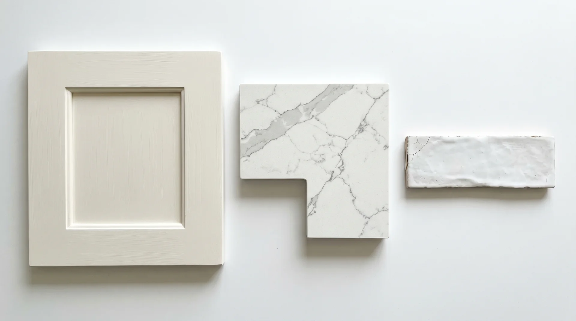 Kitchen cabinet paint sample, quartz countertop piece, and tile backsplash fragment showing three material tiers
