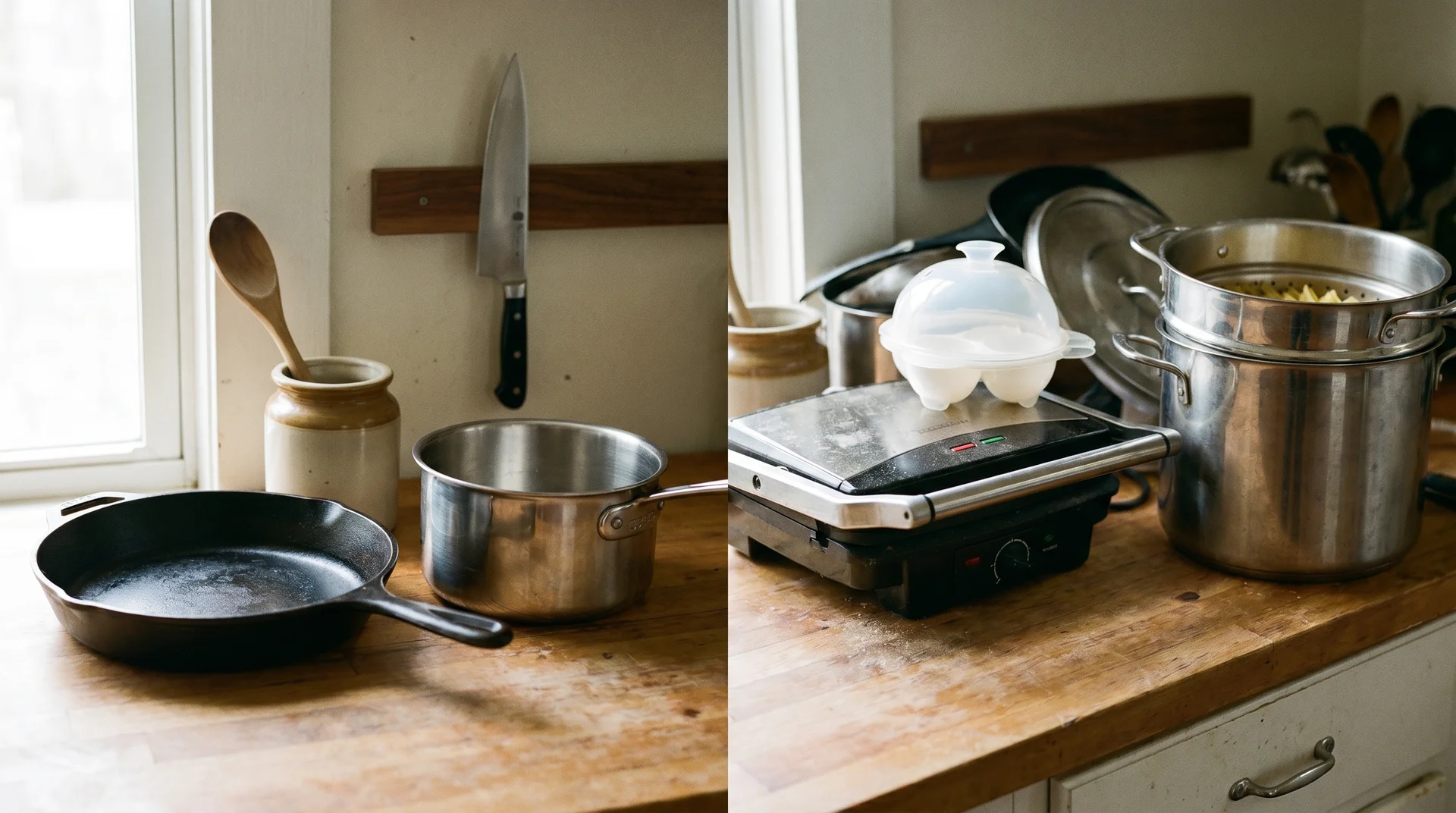 Kitchen counter showing curated daily-use cookware set versus excess tools staged for donation in a tiny house edit