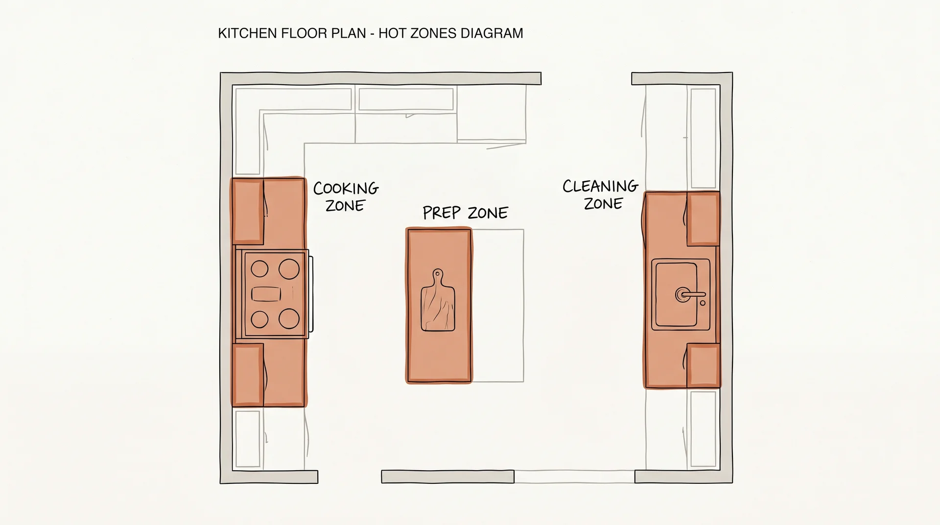 Kitchen floor plan diagram showing cooking, prep, and cleaning zone cabinet priorities
