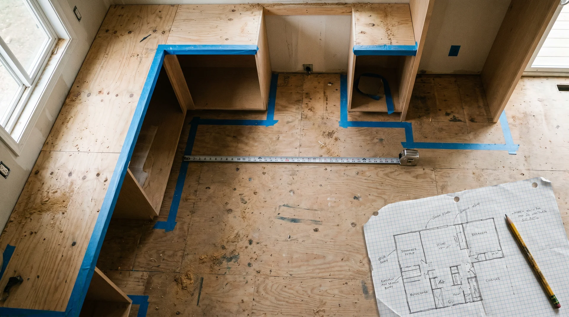 Kitchen floor with painter's tape marking out a small kitchen layout mock-up alongside a hand-drawn floor plan on graph paperYou said: featured image generated has nothing to do with floor plan