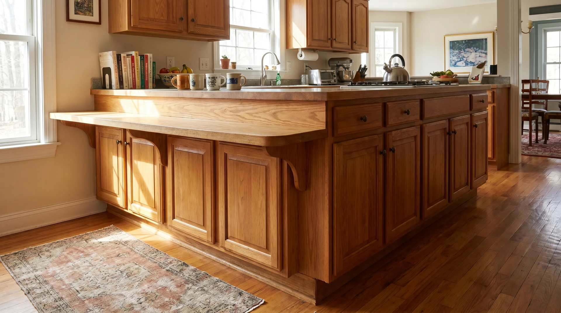 Kitchen island showing deeper storage side and shallower accessible side with countertop overhang for seating
