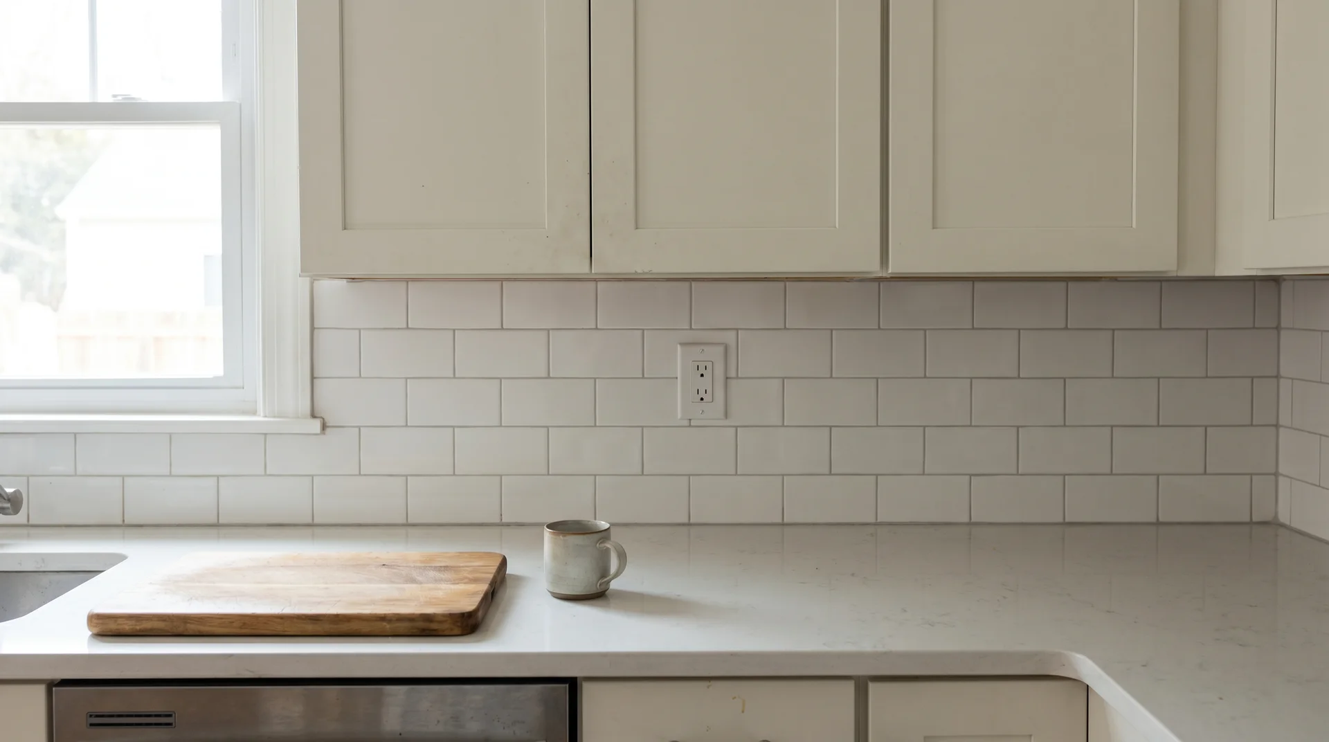 Kitchen showing the gap between countertop and white shaker upper cabinets with subway tile backsplash