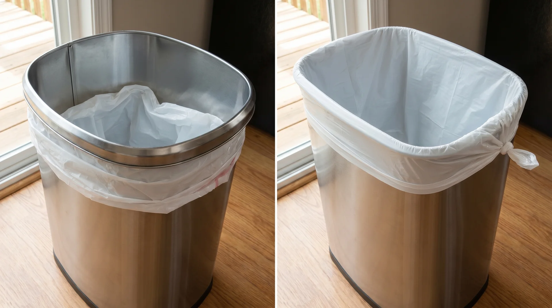 Kitchen trash bag sinking below the rim of a trash can compared with a correctly sized bag sitting flush at the top
