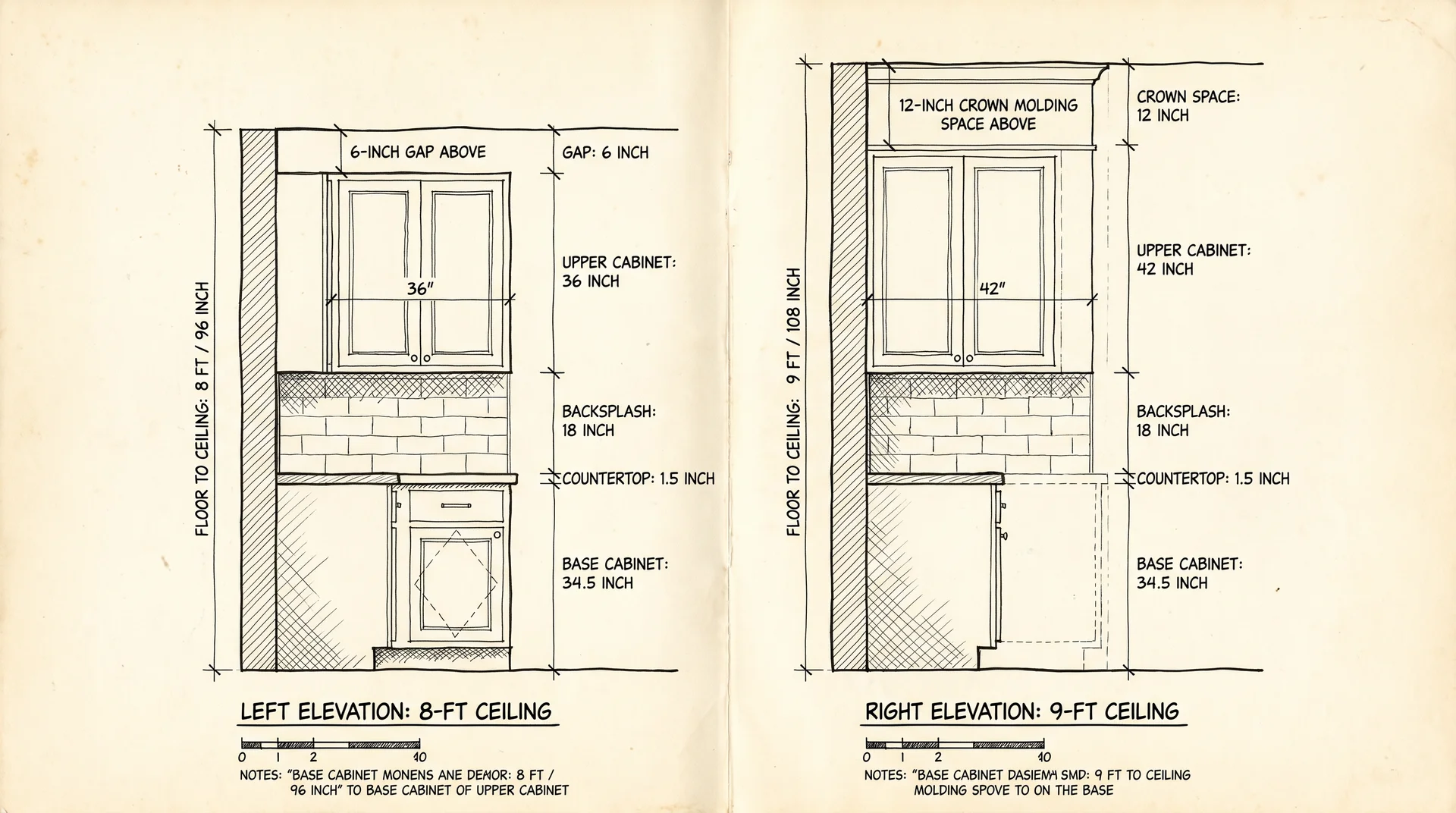 Kitchen upper cabinet height comparison for 8-foot versus 9-foot ceiling
