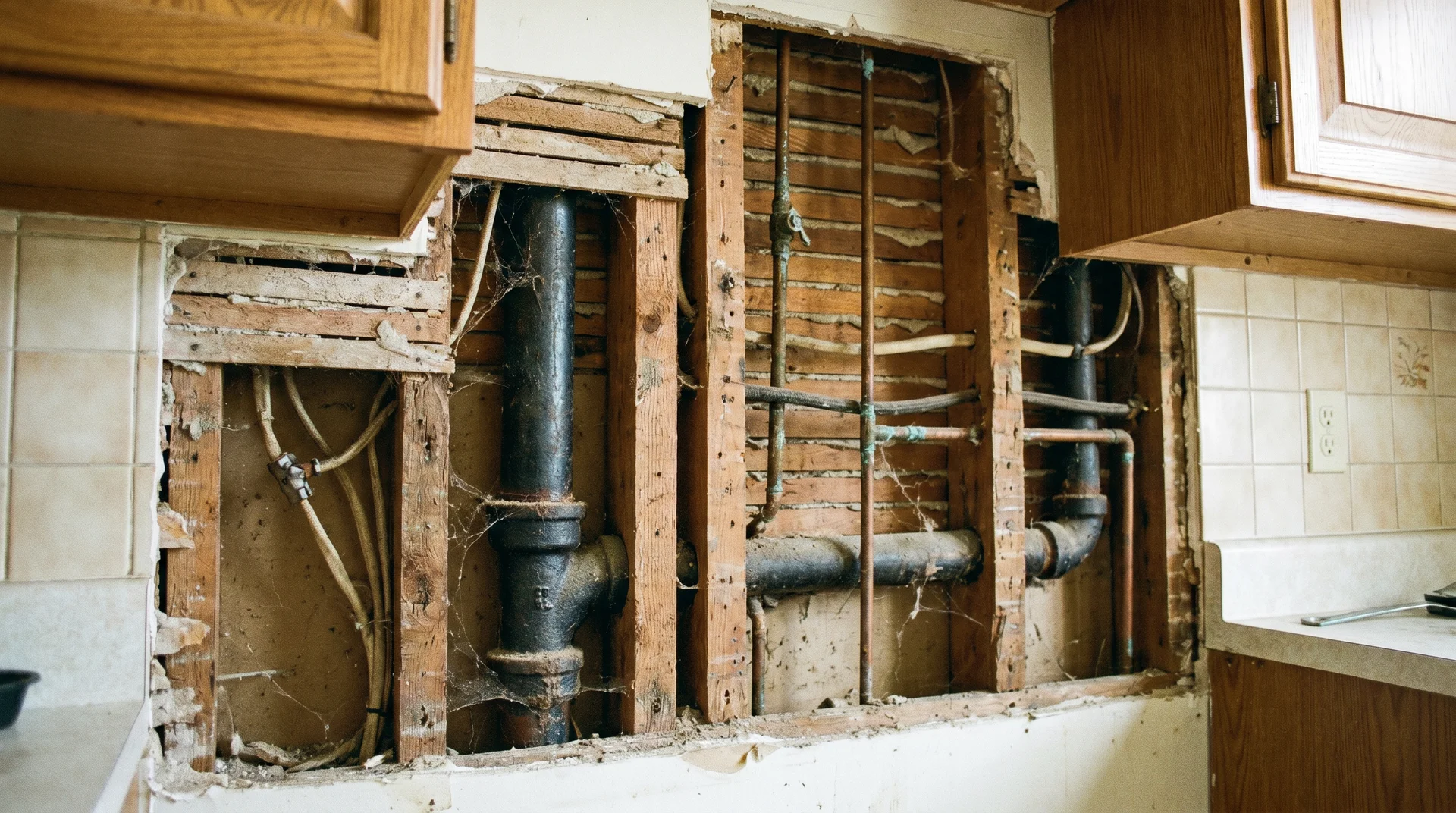 Kitchen wall opened during demo showing old plumbing and wiring behind drywall
