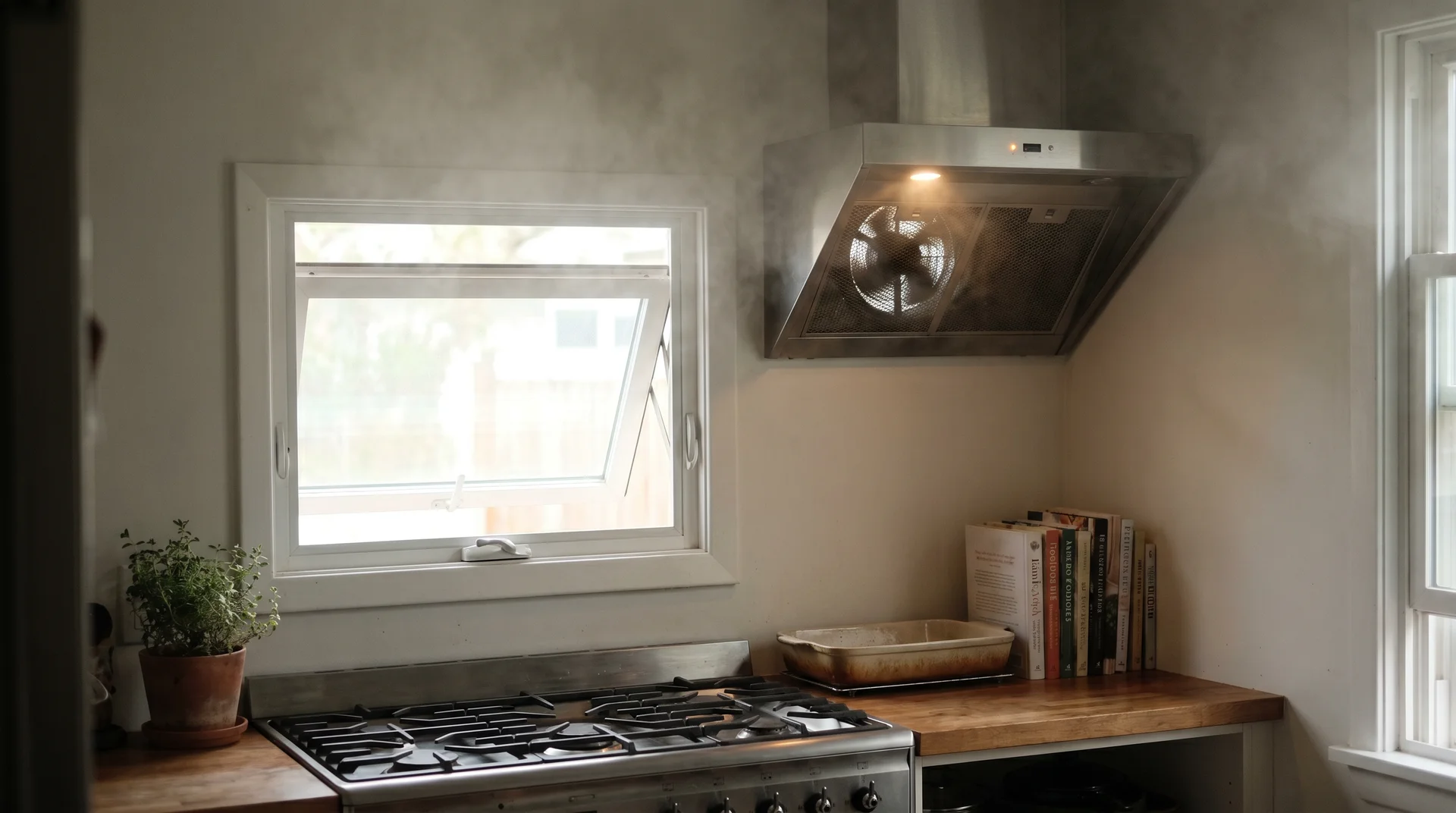 Kitchen window open and range hood running during self-cleaning oven cycle for ventilation